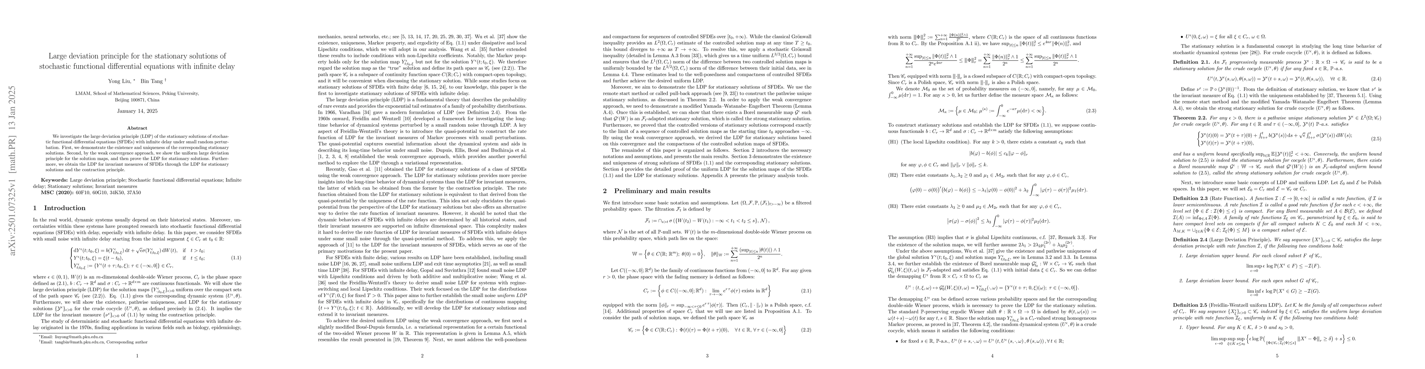 Thumbnail for Large deviation principle for the stationary solutions of stochastic
  functional differential equations with infinite delay