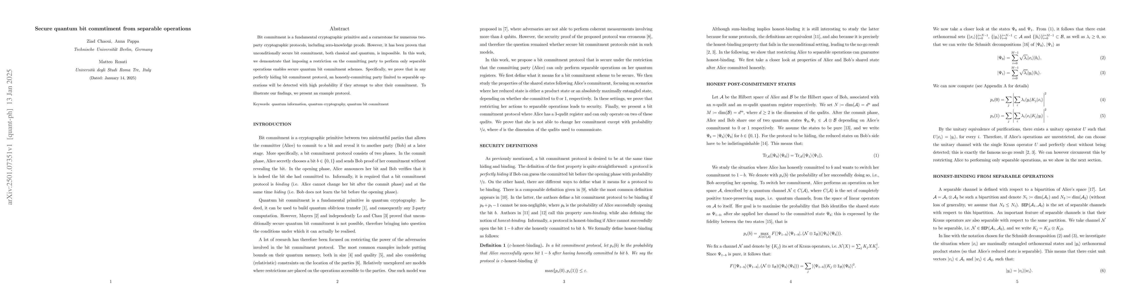 Thumbnail for Secure quantum bit commtiment from separable operations