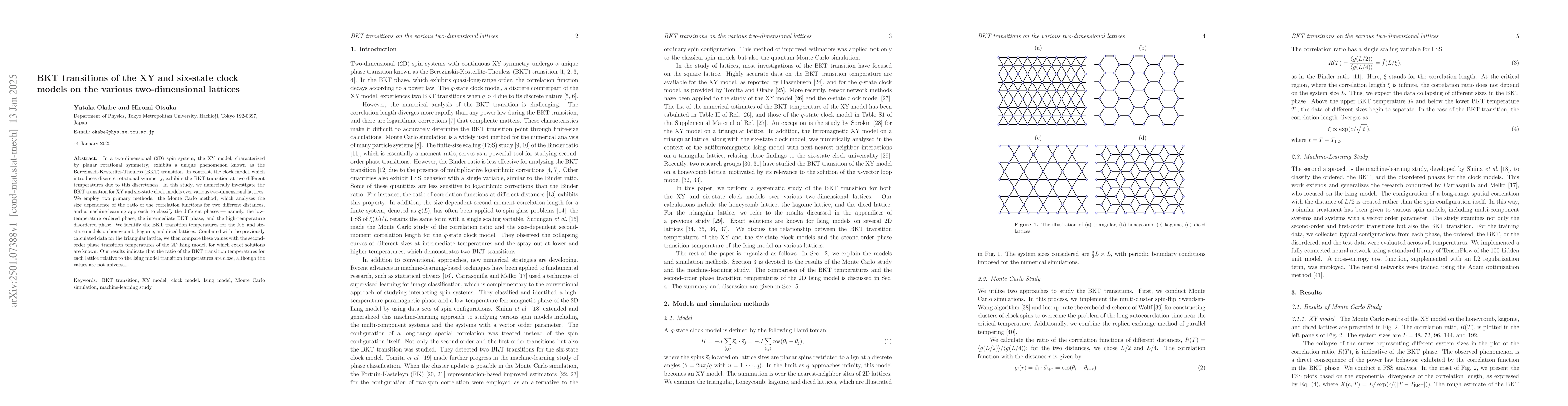 Thumbnail for BKT transitions of the XY and six-state clock models on the various
  two-dimensional lattices