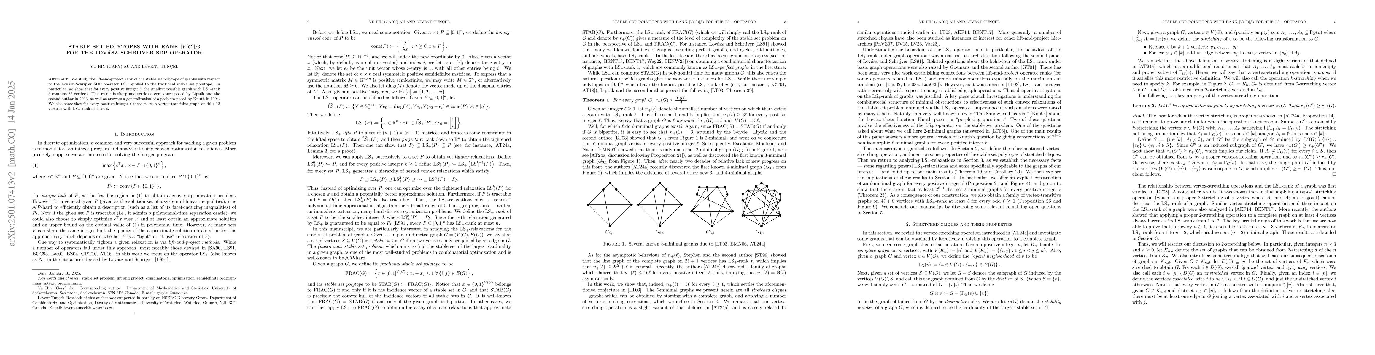 Thumbnail for Stable Set Polytopes with Rank $|V(G)|/3$ for the Lovász--Schrijver
  SDP Operator