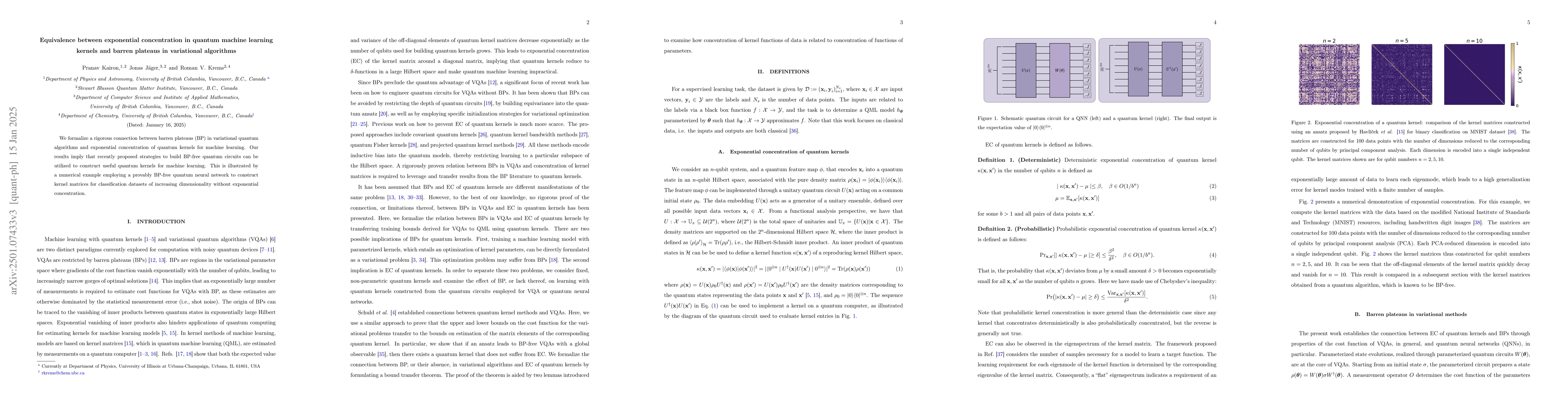 Thumbnail for Equivalence between exponential concentration in quantum machine
  learning kernels and barren plateaus in variational algorithms