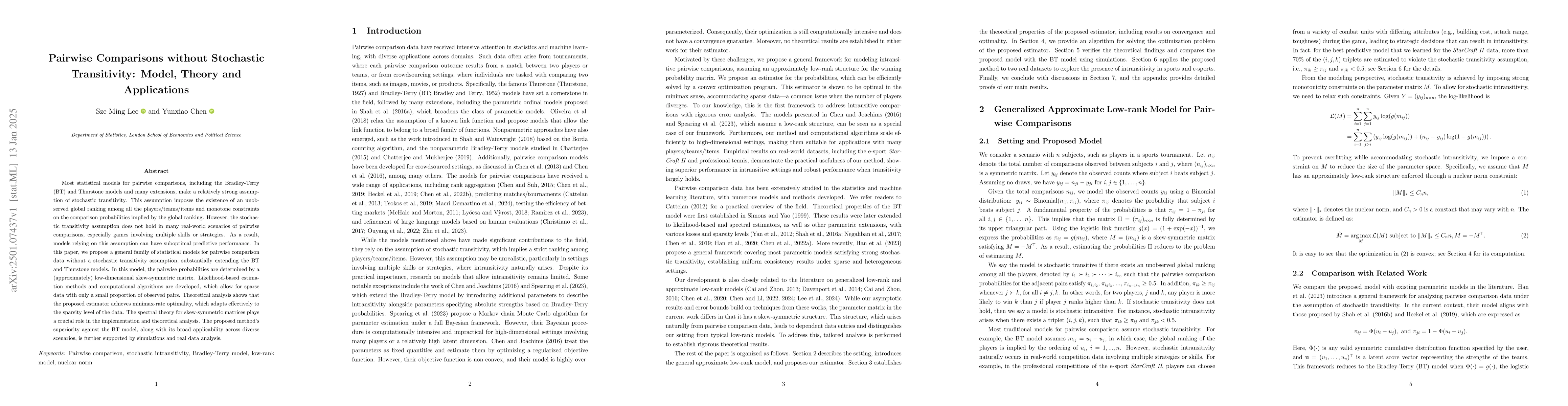 Thumbnail for Pairwise Comparisons without Stochastic Transitivity: Model, Theory and
  Applications