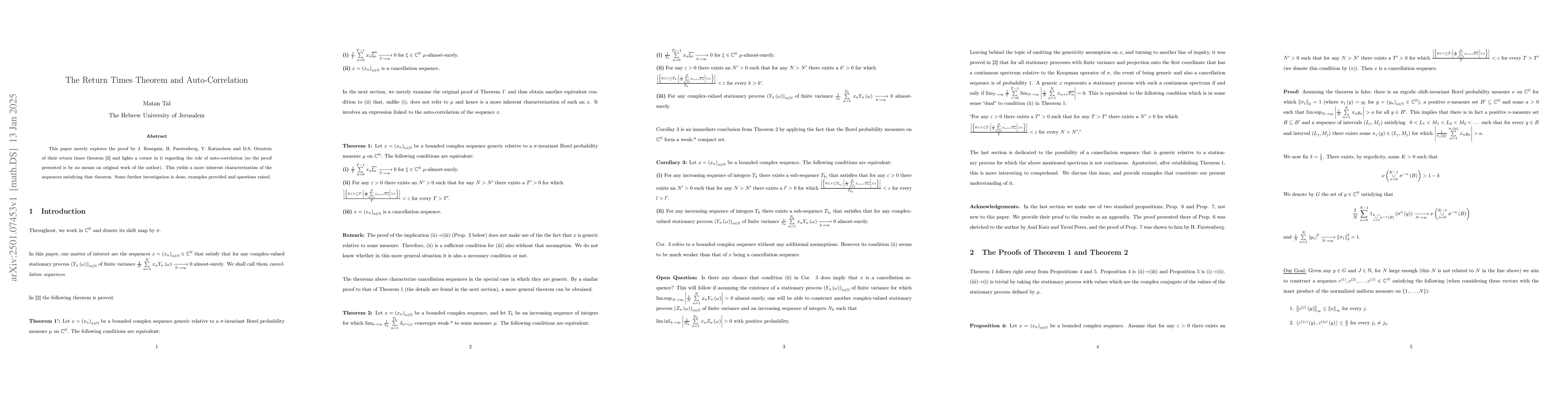 Thumbnail for The Return Times Theorem and Auto-Correlation