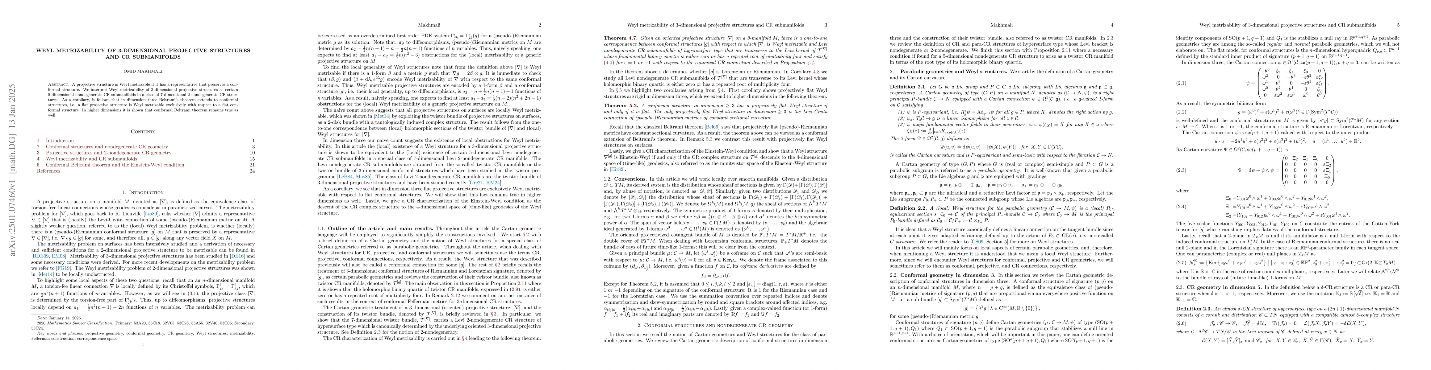 Thumbnail for Weyl metrizability of 3-dimensional projective structures and CR
  submanifolds