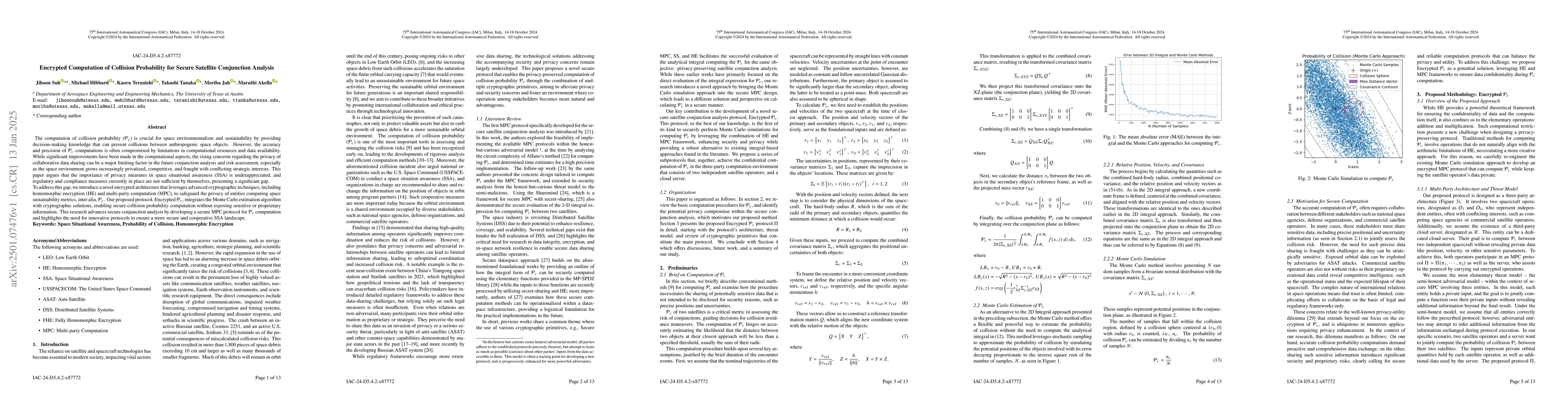 Thumbnail for Encrypted Computation of Collision Probability for Secure Satellite
  Conjunction Analysis