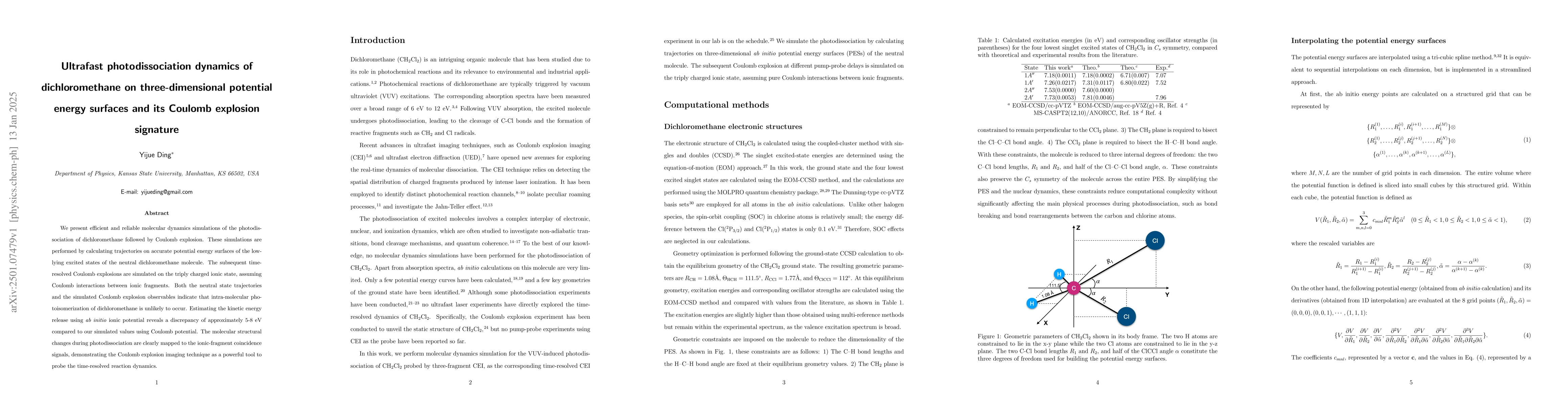 Thumbnail for Ultrafast photodissociation dynamics of dichloromethane on
  three-dimensional potential energy surfaces and its Coulomb explosion
  signature