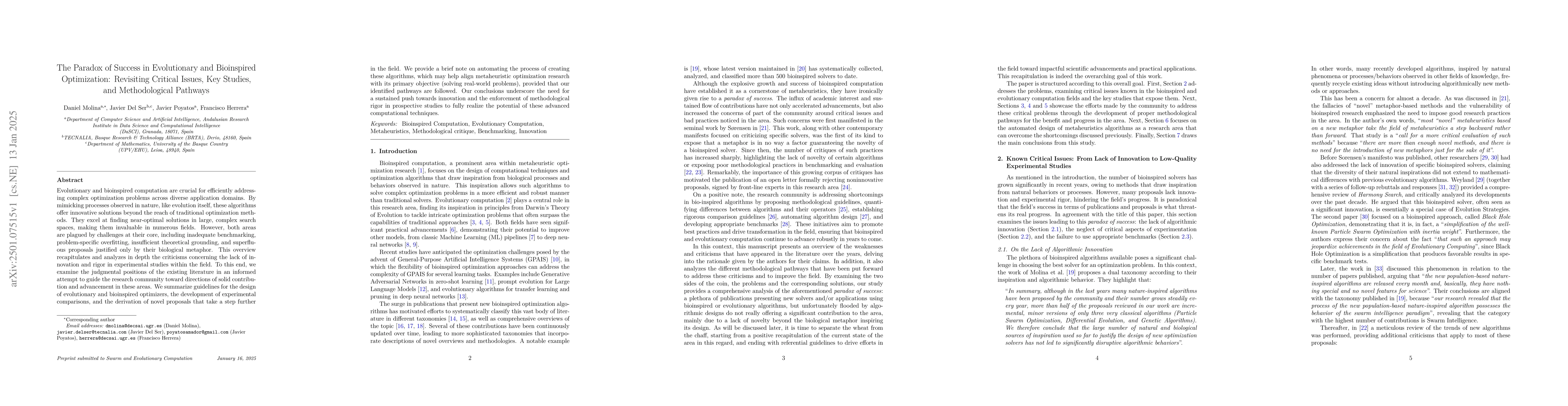 Thumbnail for The Paradox of Success in Evolutionary and Bioinspired Optimization:
  Revisiting Critical Issues, Key Studies, and Methodological Pathways