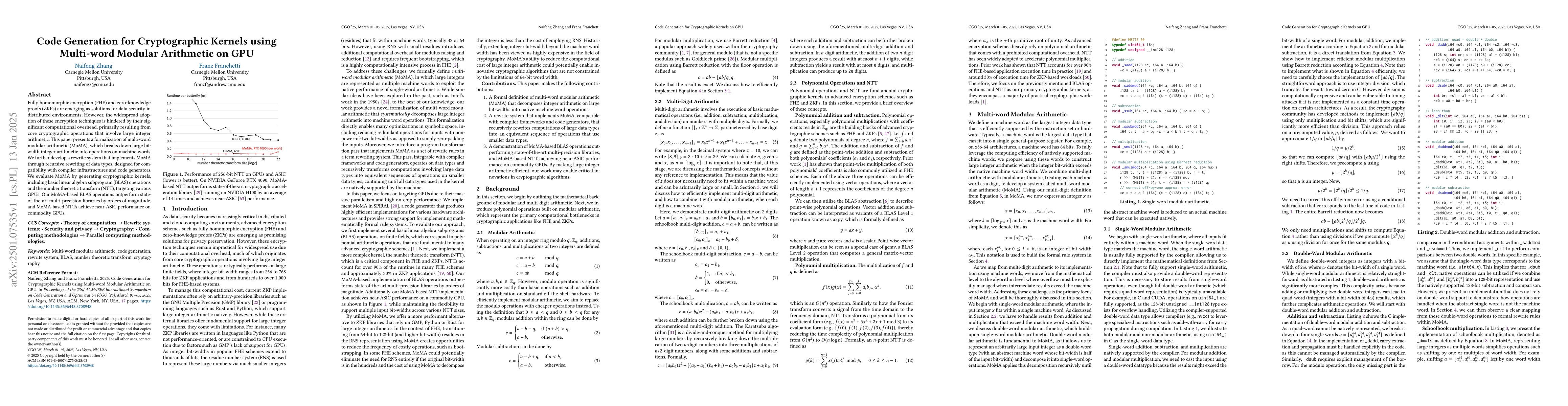 Thumbnail for Code Generation for Cryptographic Kernels using Multi-word Modular
  Arithmetic on GPU