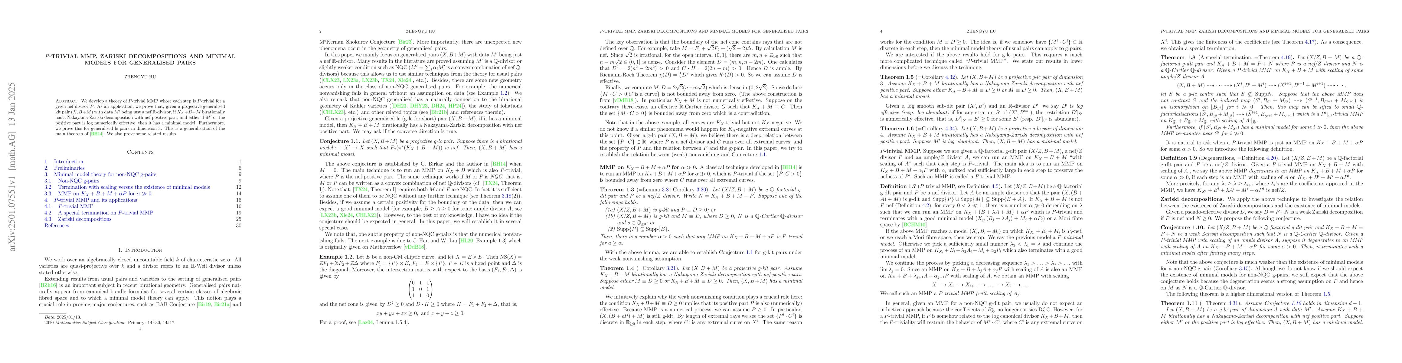 Thumbnail for $P$-trivial MMP, Zariski decompositions and minimal models for
  generalised pairs