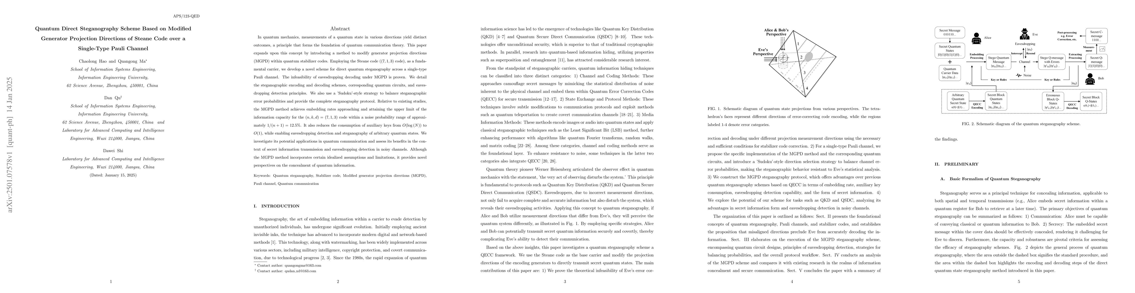 Thumbnail for Quantum Direct Steganography Scheme Based on Modified Generator
  Projection Directions of Steane Code over a Single-Type Pauli Channel