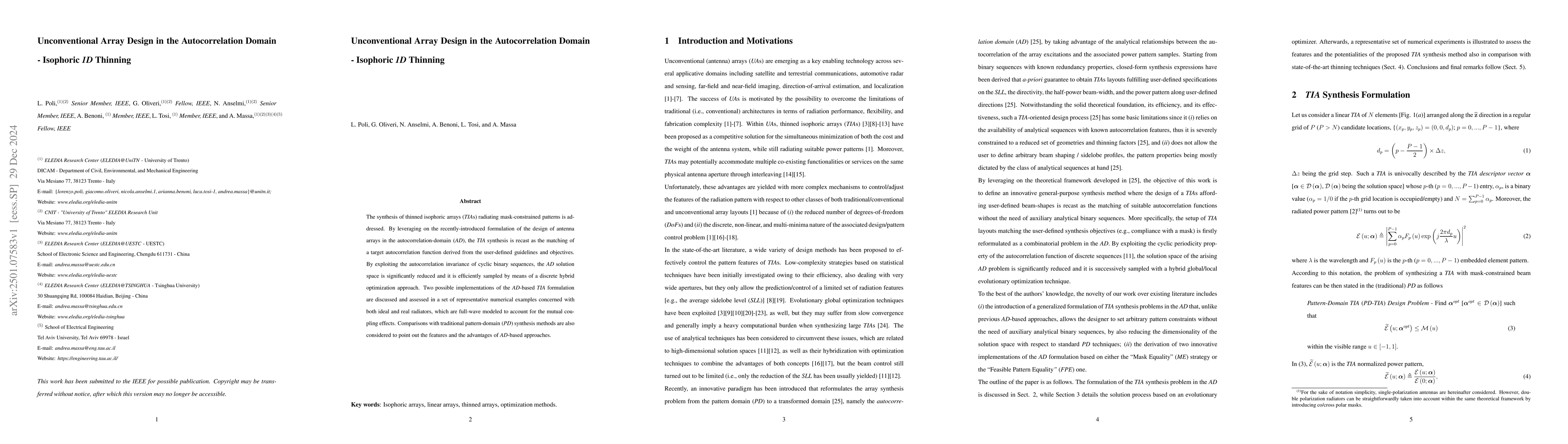 Thumbnail for Unconventional Array Design in the Autocorrelation Domain -- Isophoric
  1D Thinning