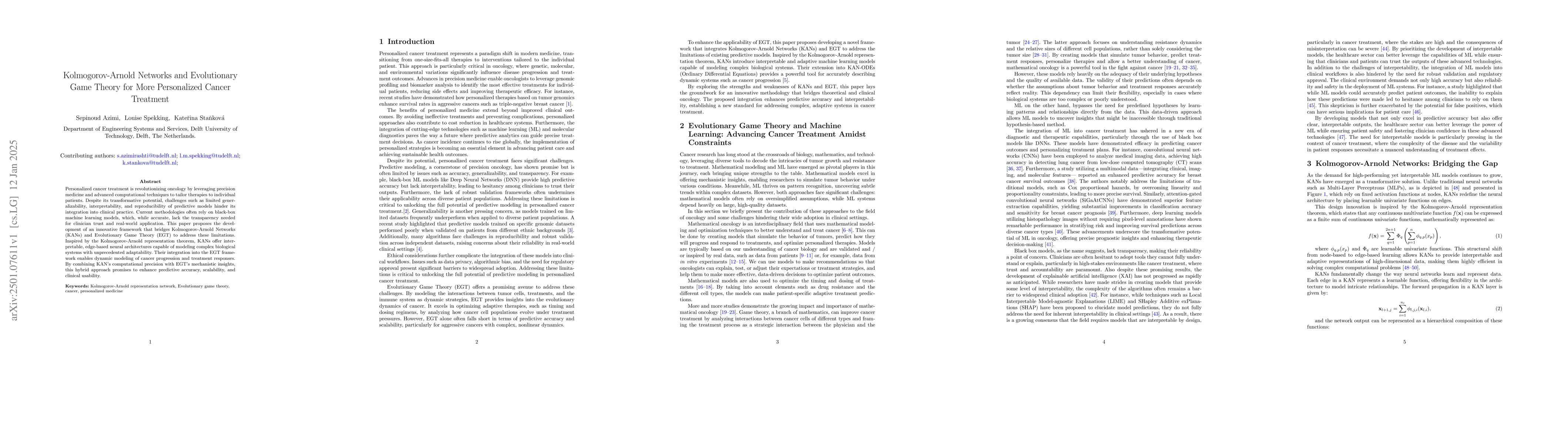 Thumbnail for Kolmogorov-Arnold Networks and Evolutionary Game Theory for More
  Personalized Cancer Treatment