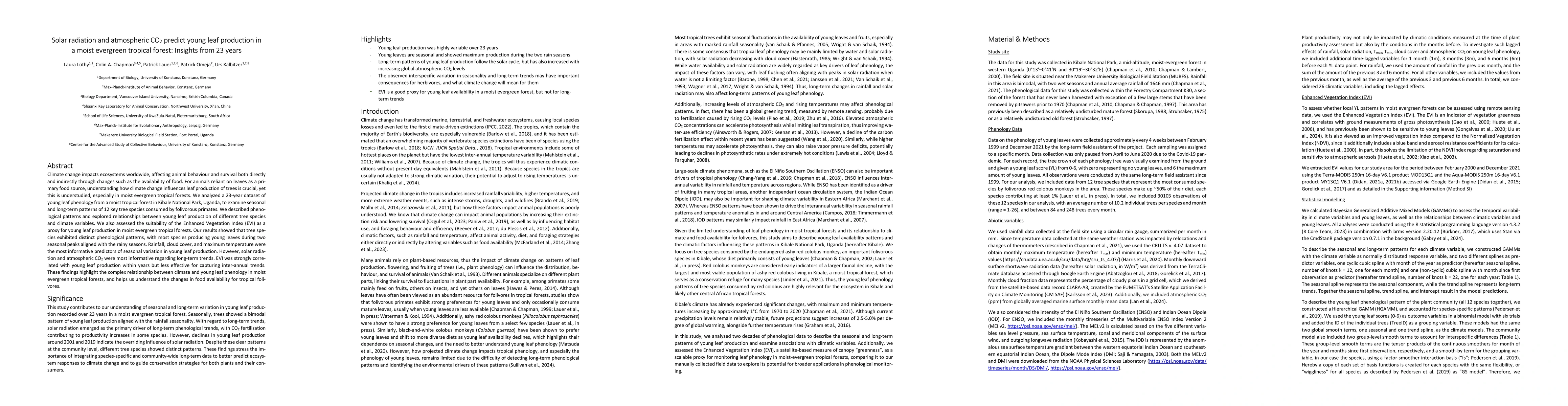 Thumbnail for Solar radiation and atmospheric CO$_2$ predict young leaf production in
  a moist evergreen tropical forest: Insights from 23 years