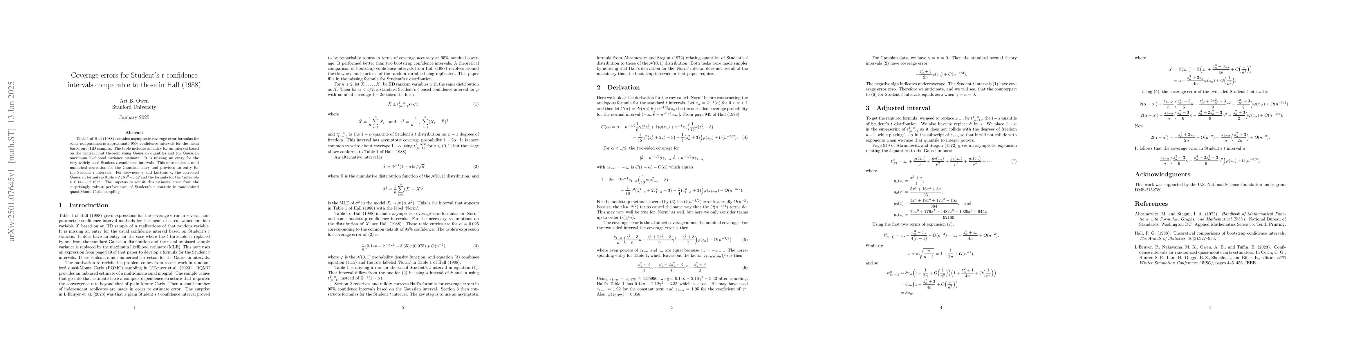 Thumbnail for Coverage errors for Student's t confidence intervals comparable to those
  in Hall (1988)