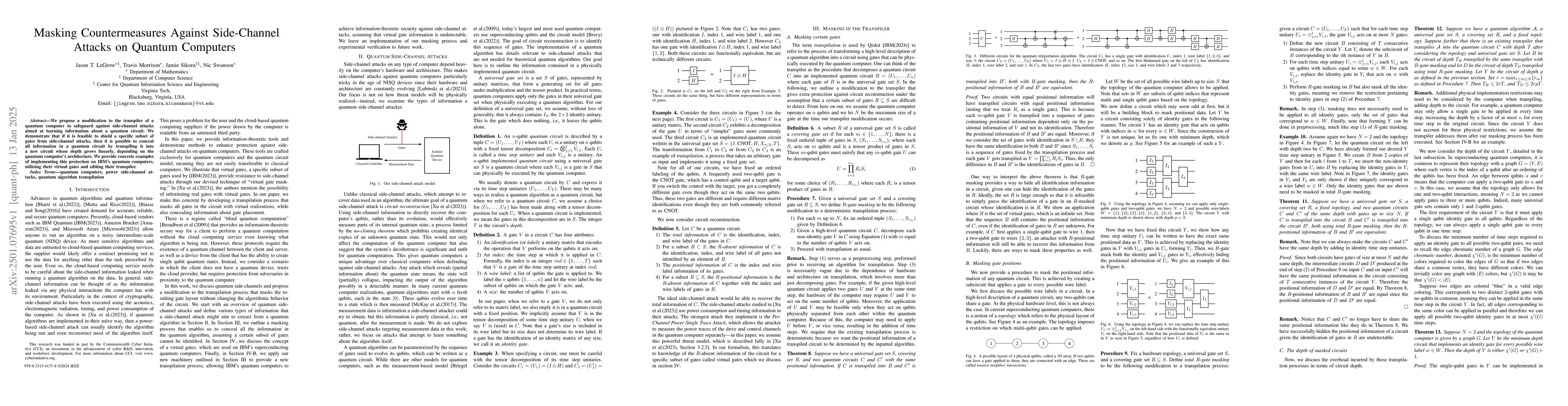 Thumbnail for Masking Countermeasures Against Side-Channel Attacks on Quantum
  Computers
