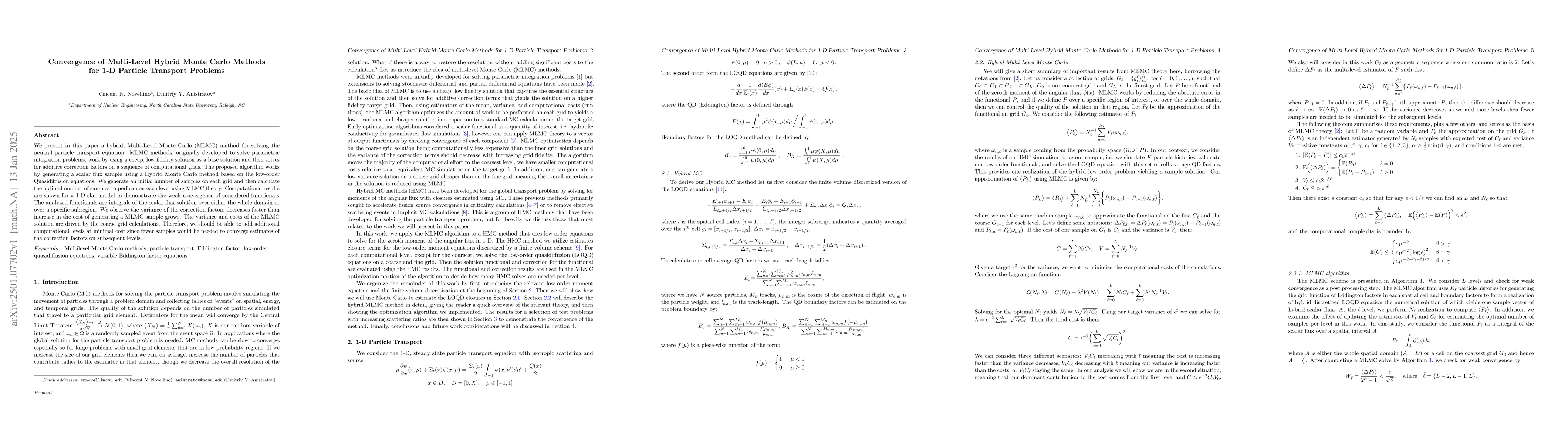 Thumbnail for Convergence of Multi-Level Hybrid Monte Carlo Methods for 1-D Particle
  Transport Problems