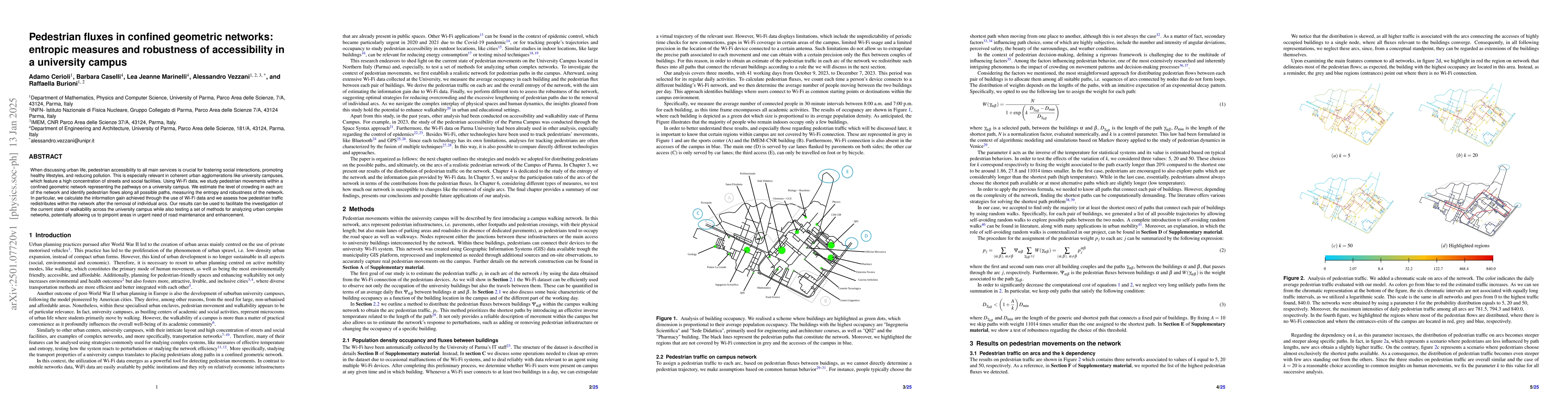 Thumbnail for Pedestrian fluxes in confined geometric networks: entropic measures and
  robustness of accessibility in a university campus