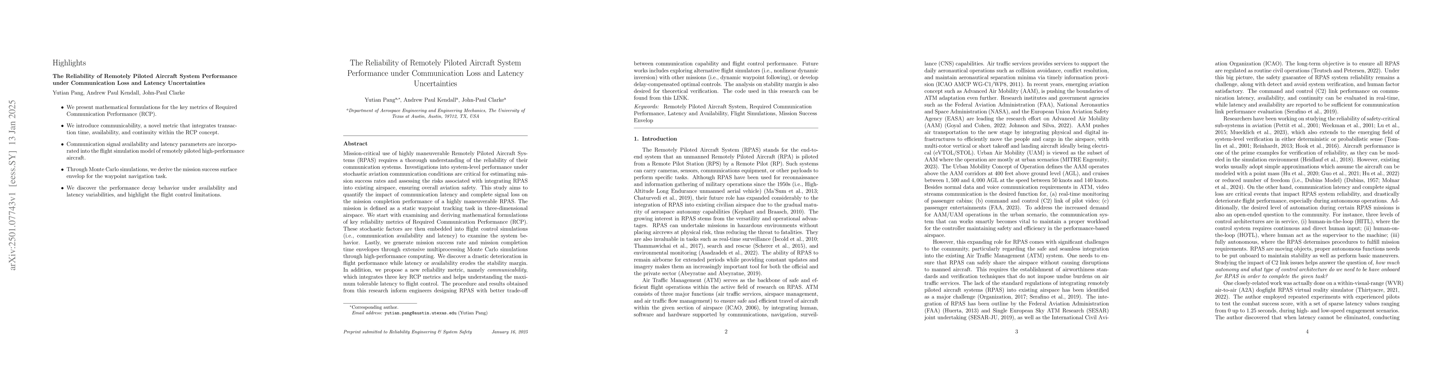 Thumbnail for The Reliability of Remotely Piloted Aircraft System Performance under
  Communication Loss and Latency Uncertainties