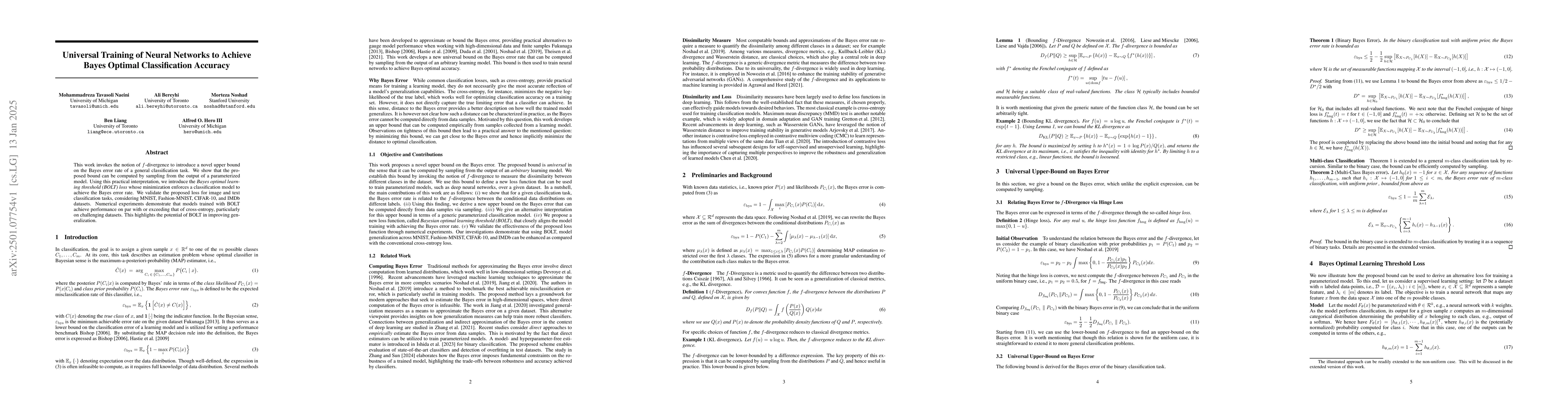 Thumbnail for Universal Training of Neural Networks to Achieve Bayes Optimal
  Classification Accuracy