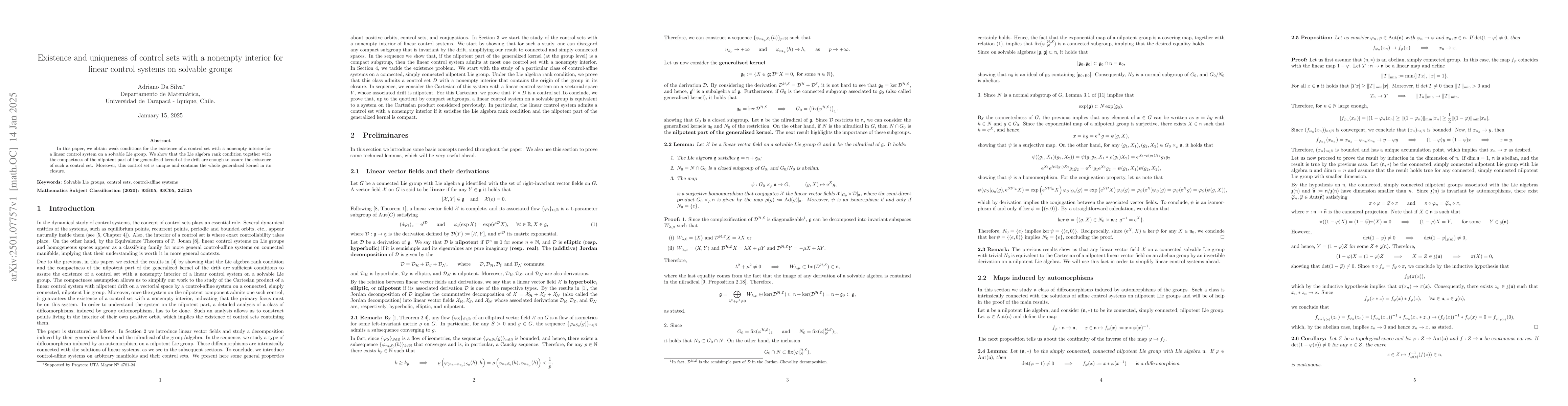 Thumbnail for Existence and uniqueness of control sets with a nonempty interior for
  linear control systems on solvable groups