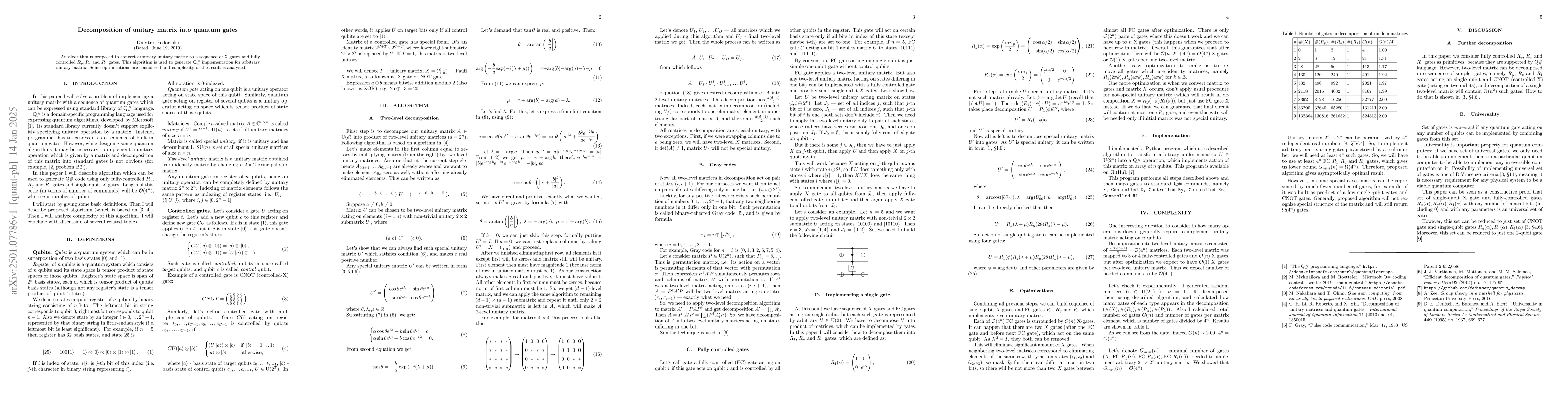 Thumbnail for Decomposition of unitary matrix into quantum gates