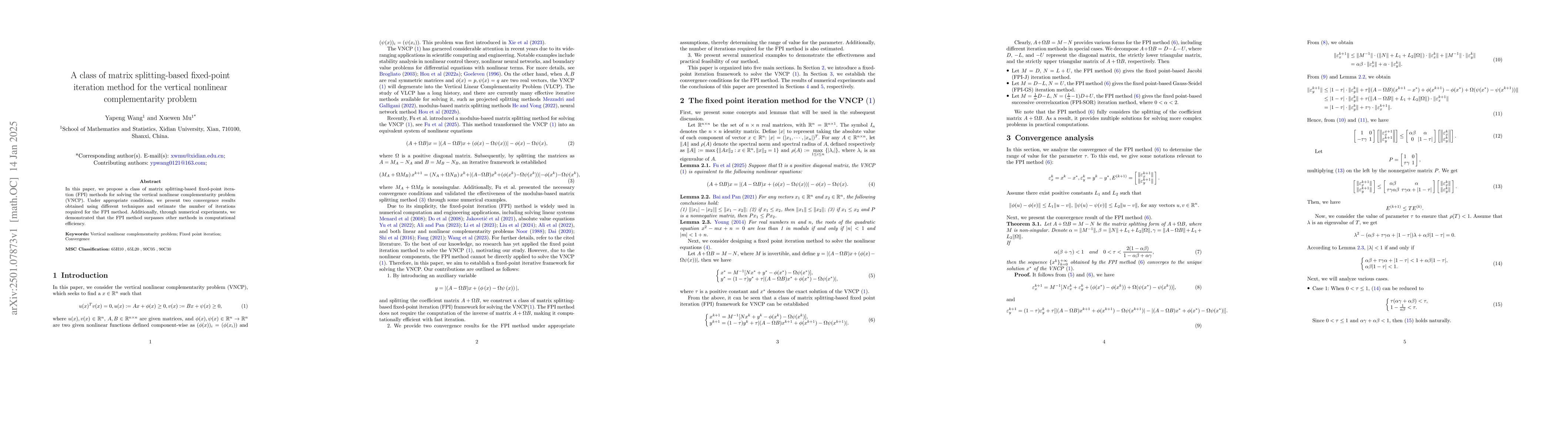 Thumbnail for A class of matrix splitting-based fixed-point iteration method for the
  vertical nonlinear complementarity problem