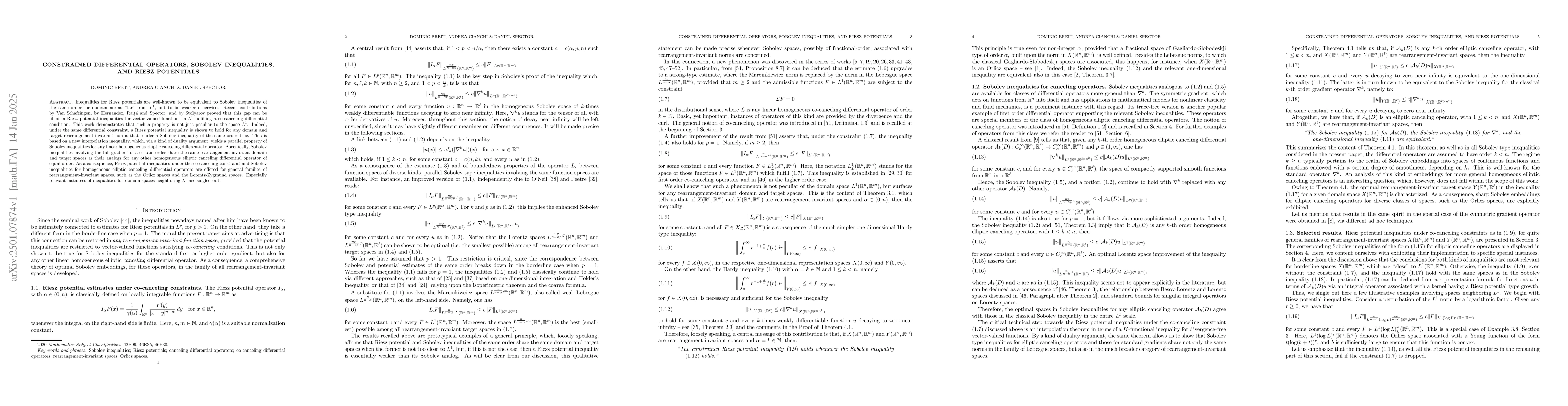 Thumbnail for Constrained differential operators, Sobolev inequalities, and Riesz
  potentials