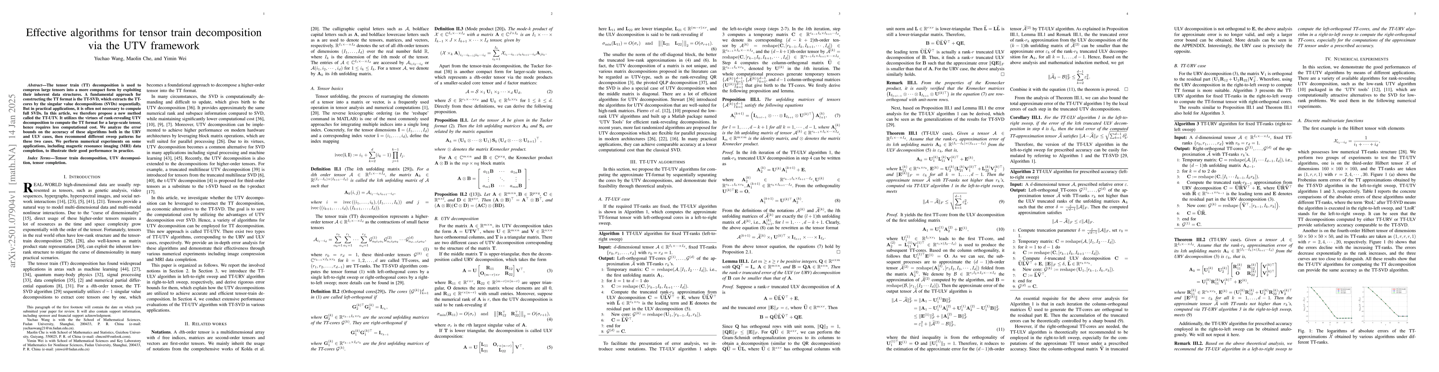 Thumbnail for Effective algorithms for tensor train decomposition via the UTV
  framework