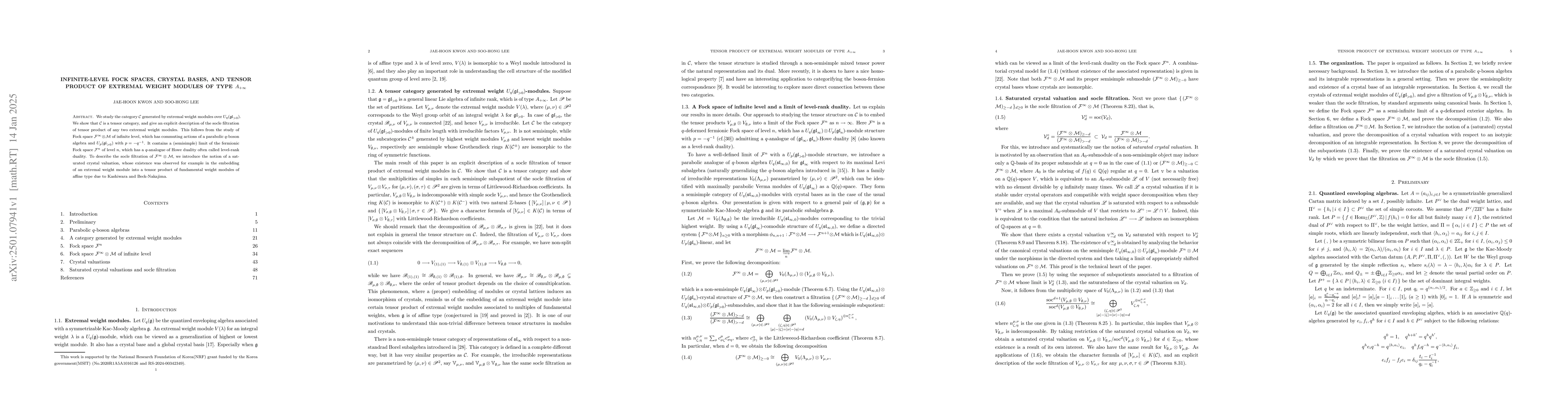 Thumbnail for Infinite-level Fock spaces, crystal bases, and tensor product of
  extremal weight modules of type $A_{+\infty}$