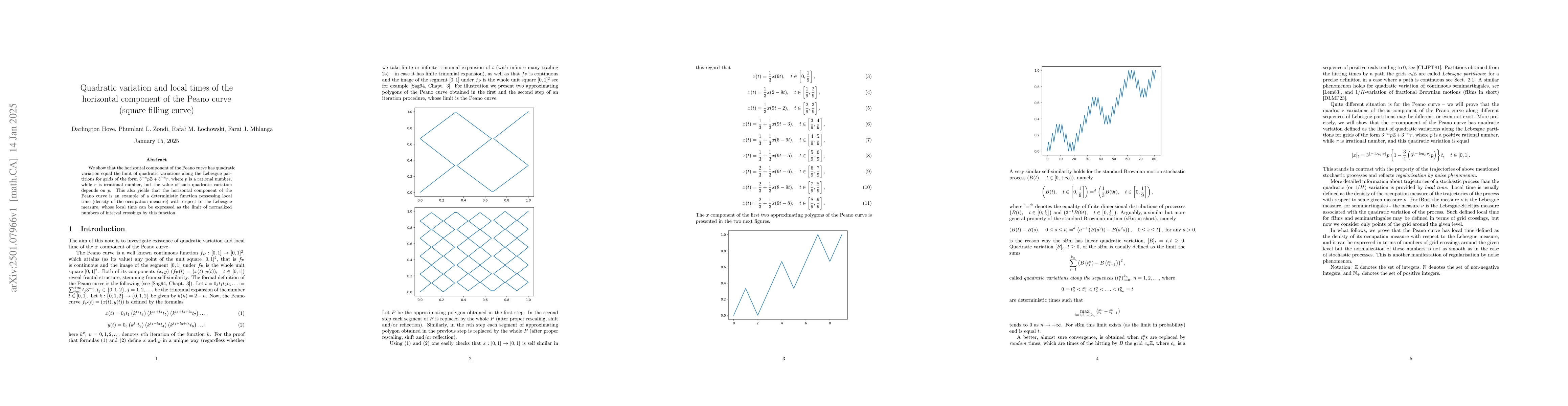 Thumbnail for Quadratic variation and local times of the horizontal component of the
  Peano curve (square filling curve)