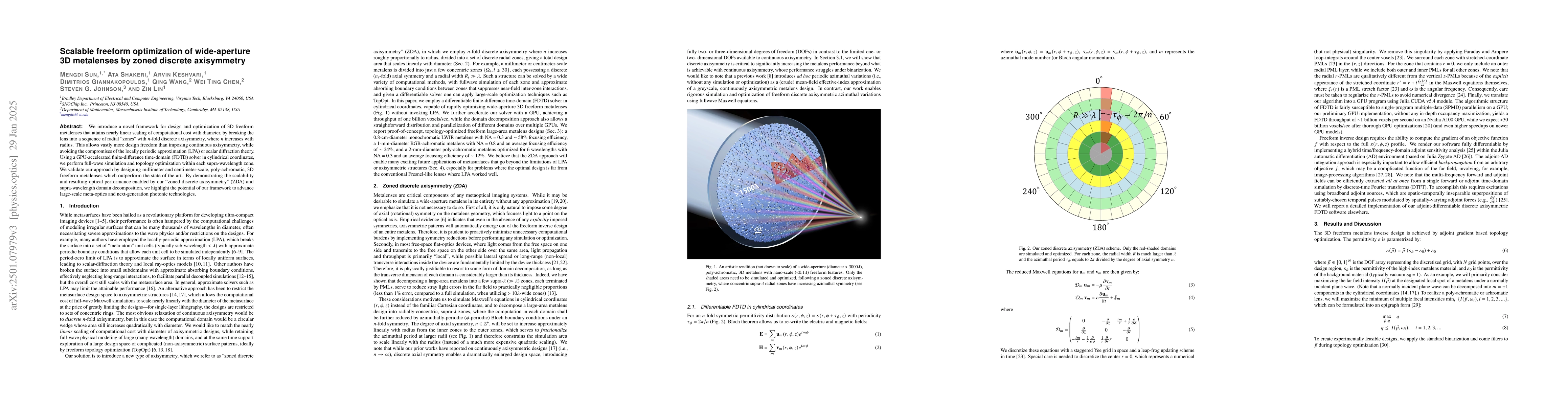 Thumbnail for Scalable freeform optimization of wide-aperture 3D metalenses by zoned
  discrete axisymmetry