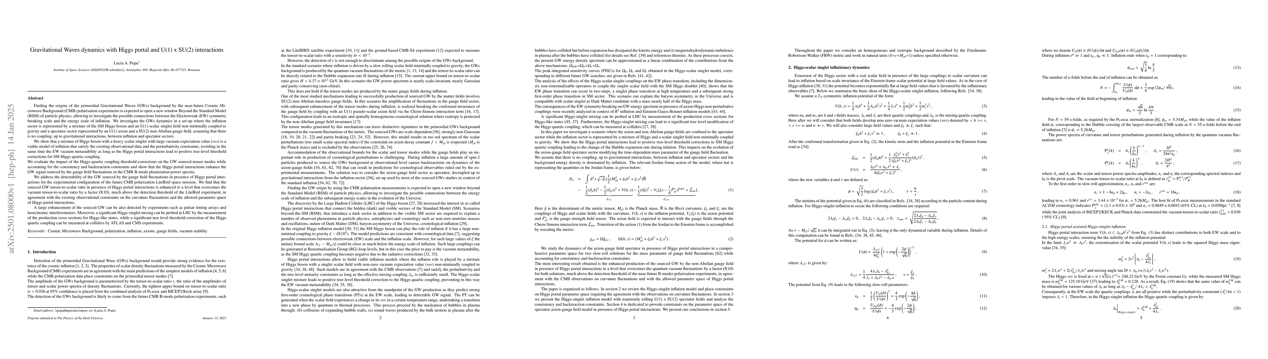 Thumbnail for Gravitational Waves dynamics with Higgs portal and U(1) X SU(2)
  interactions