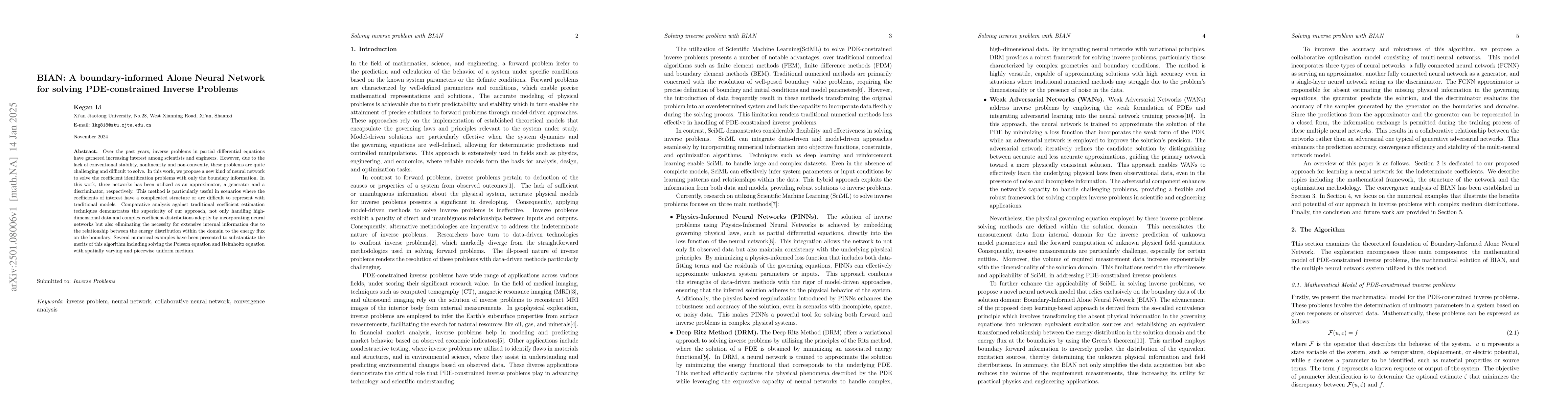 Thumbnail for BIAN: A boundary-informed Alone Neural Network for solving
  PDE-constrained Inverse Problems