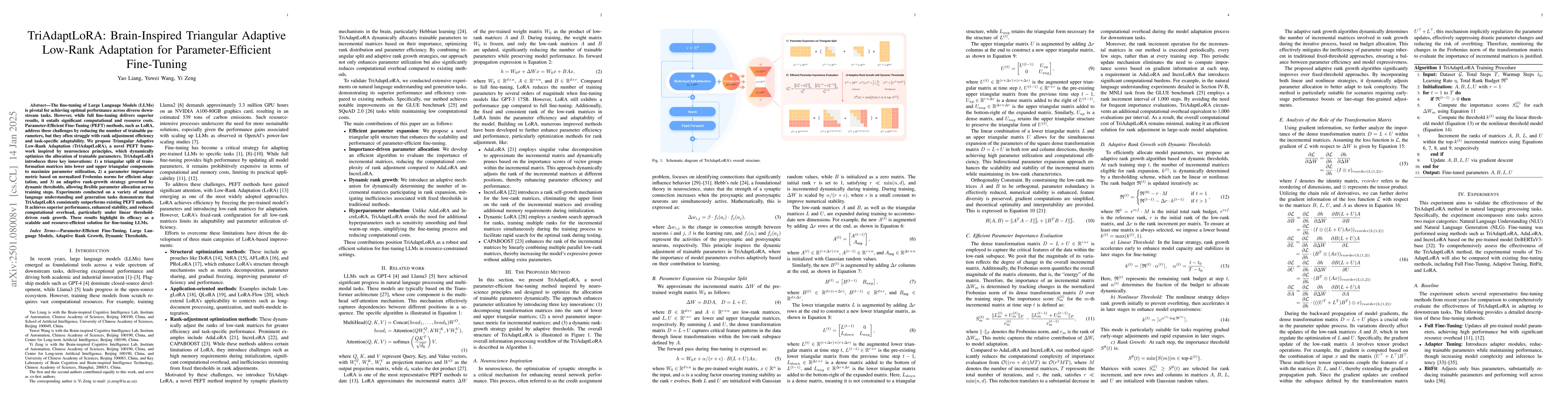 Thumbnail for TriAdaptLoRA: Brain-Inspired Triangular Adaptive Low-Rank Adaptation for
  Parameter-Efficient Fine-Tuning