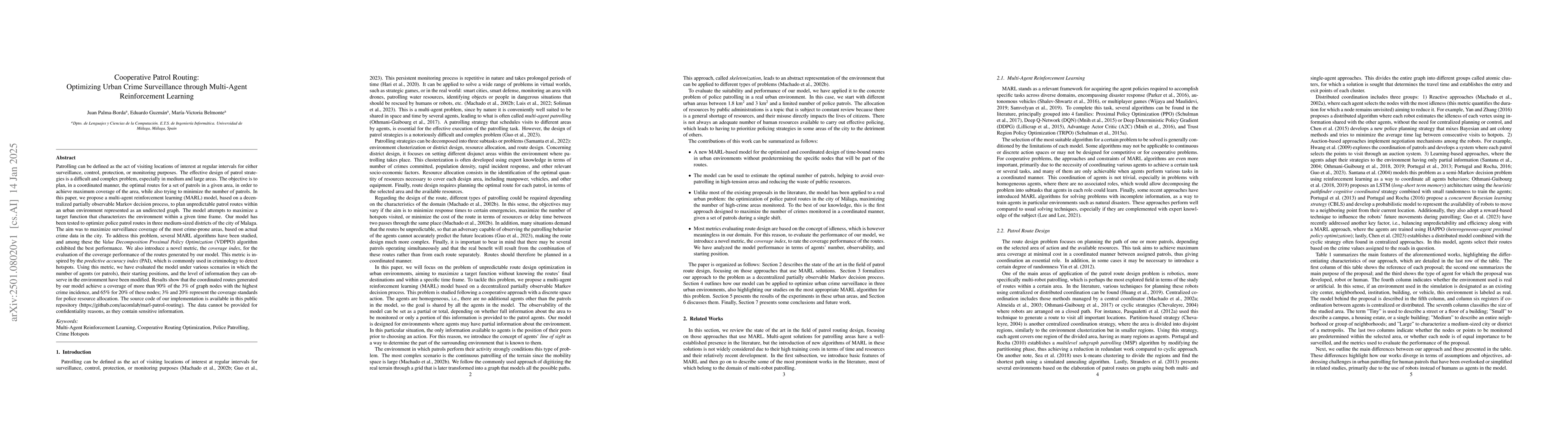 Thumbnail for Cooperative Patrol Routing: Optimizing Urban Crime Surveillance through
  Multi-Agent Reinforcement Learning
