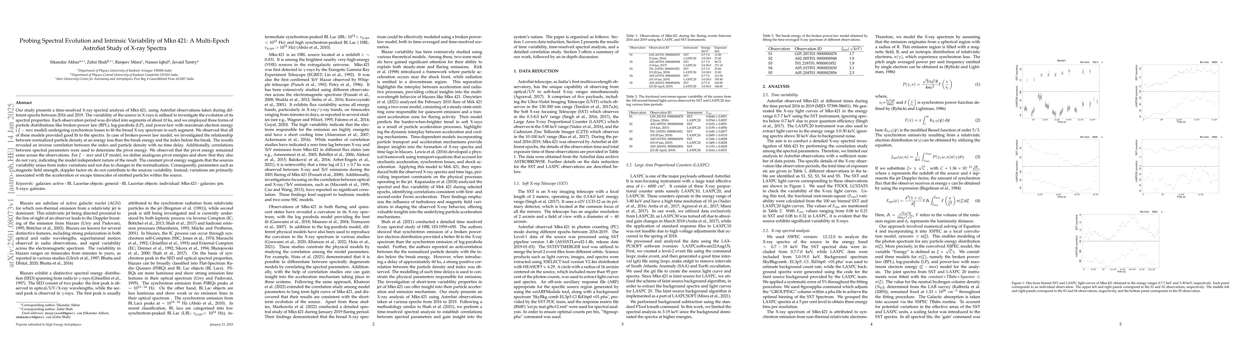 Thumbnail for Probing Spectral Evolution and Intrinsic Variability of Mkn\,421: A
  Multi-Epoch AstroSat Study of X-ray Spectra