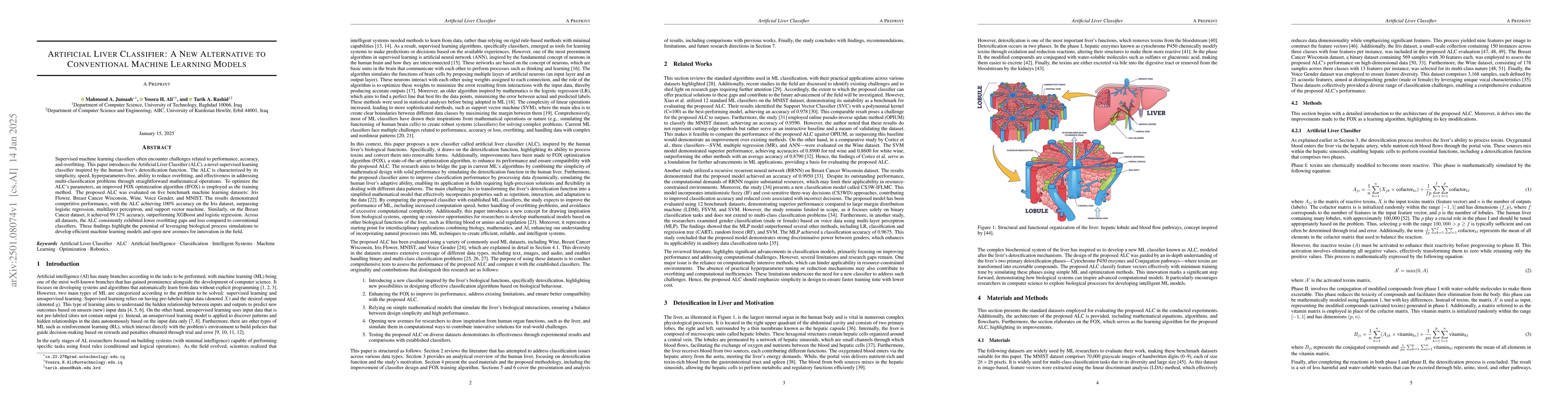 Thumbnail for Artificial Liver Classifier: A New Alternative to Conventional Machine
  Learning Models