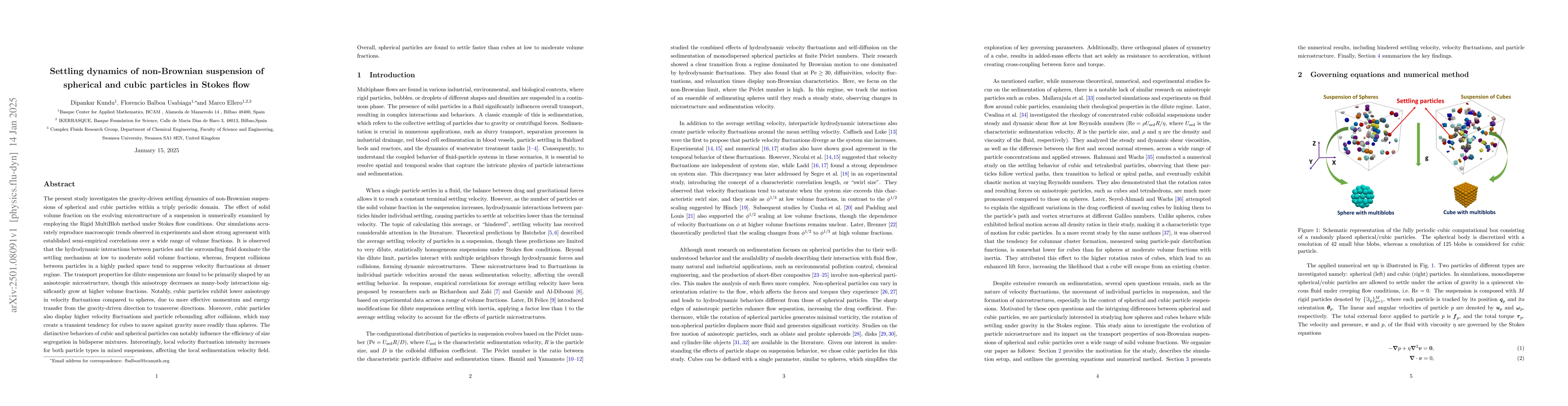 Thumbnail for Settling dynamics of non-Brownian suspension of spherical and cubic
  particles in Stokes flow