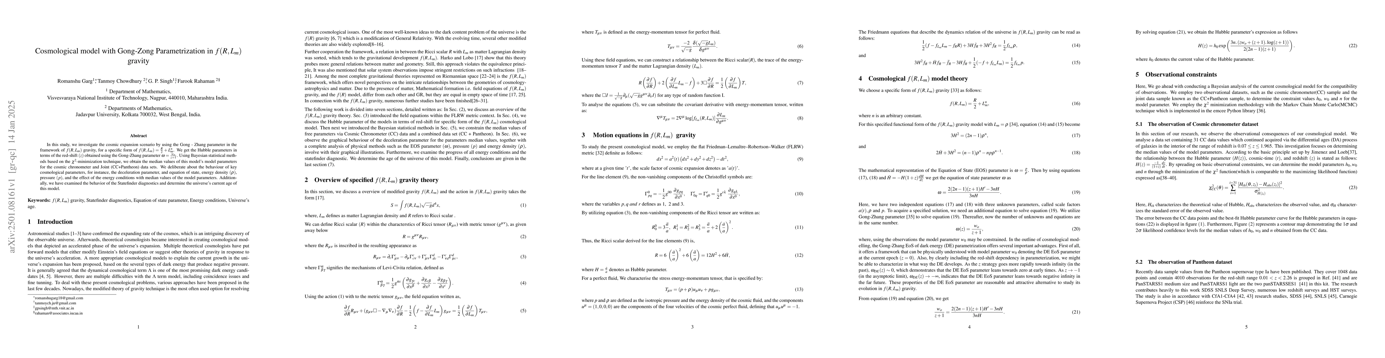 Thumbnail for Cosmological model with Gong-Zong Parametrization in $f(R,L_m)$ gravity
