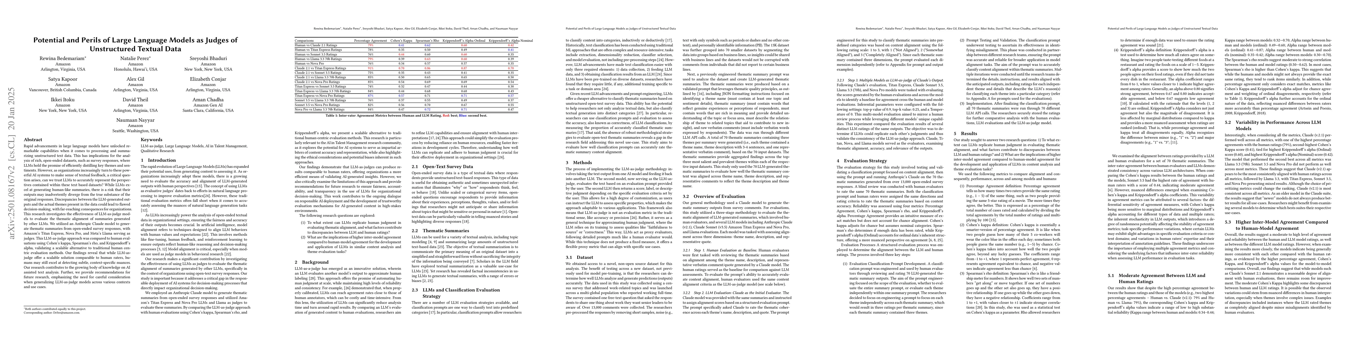 Thumbnail for Potential and Perils of Large Language Models as Judges of Unstructured
  Textual Data