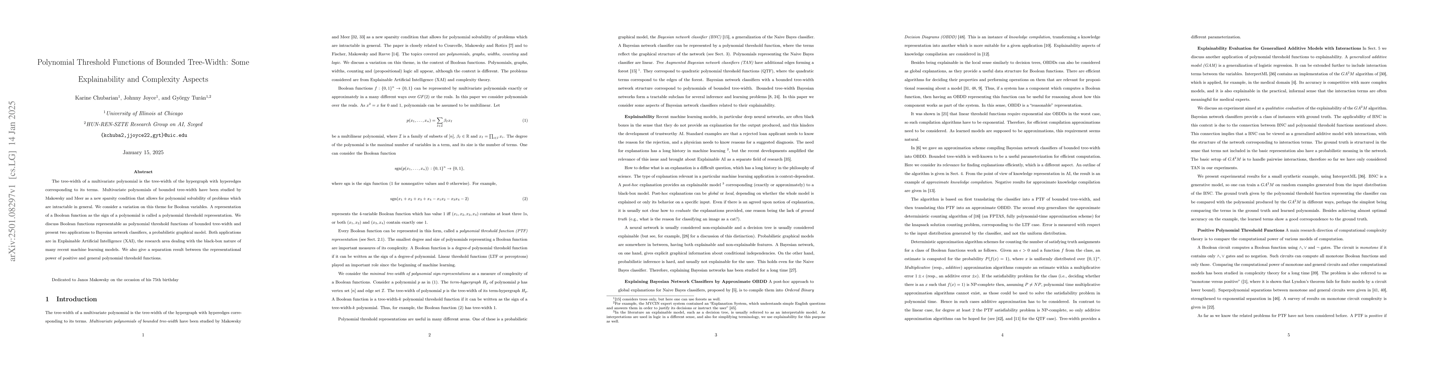 Thumbnail for Polynomial Threshold Functions of Bounded Tree-Width: Some
  Explainability and Complexity Aspects