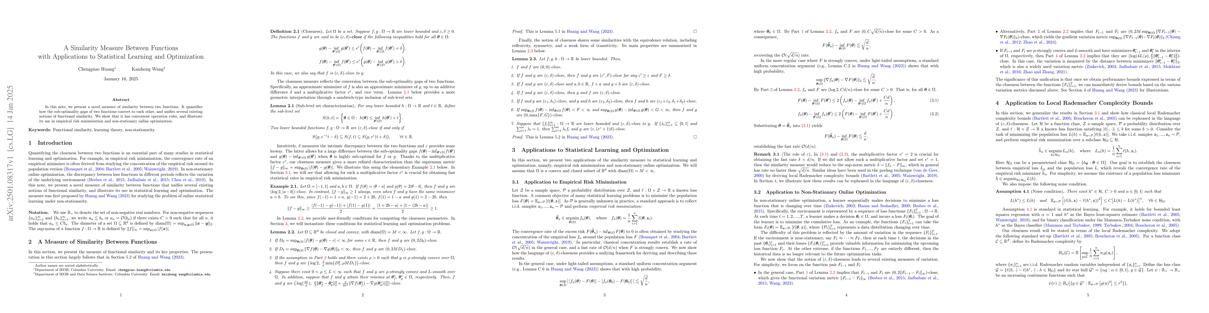 Thumbnail for A Similarity Measure Between Functions with Applications to Statistical
  Learning and Optimization