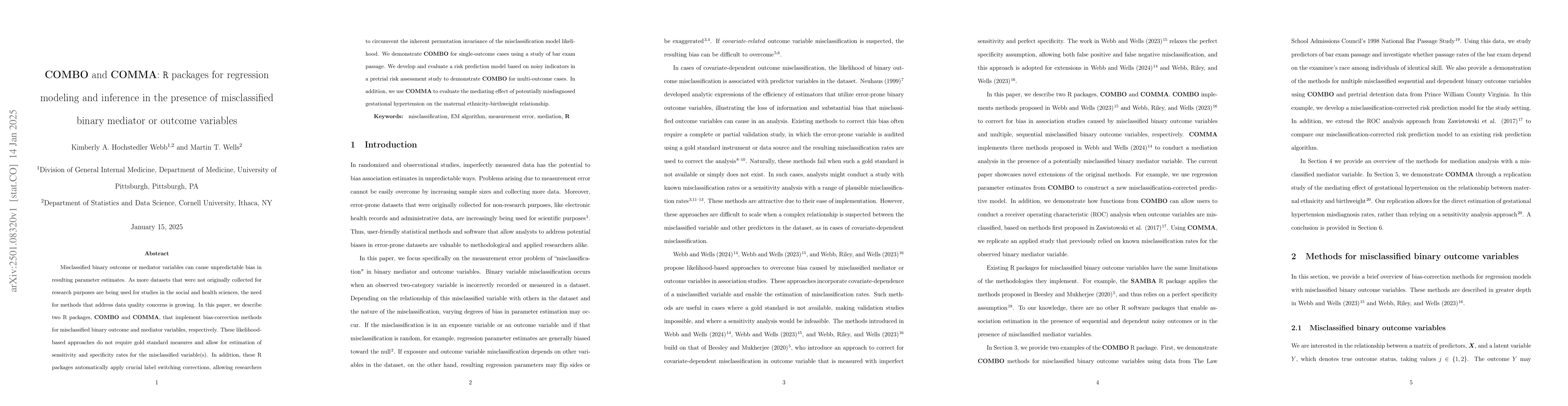 Thumbnail for COMBO and COMMA: R packages for regression modeling and inference in the
  presence of misclassified binary mediator or outcome variables