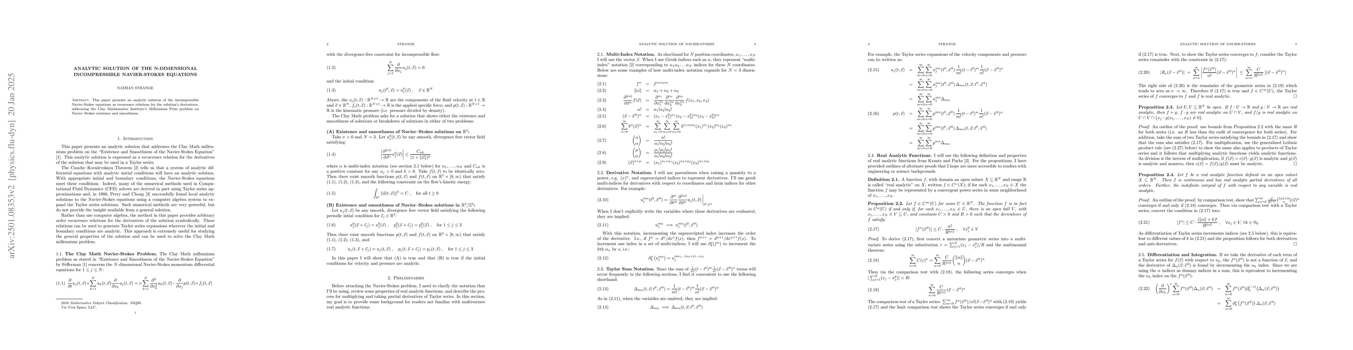 Thumbnail for Analytic Solution of the N-Dimensional Incompressible Navier-Stokes
  Equations