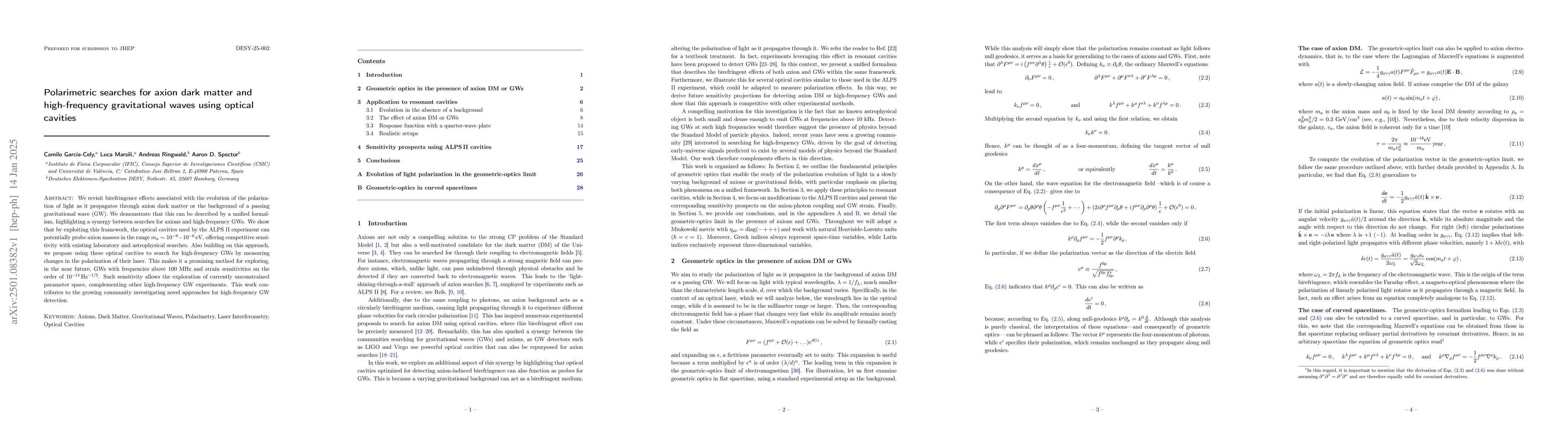 Thumbnail for Polarimetric searches for axion dark matter and high-frequency
  gravitational waves using optical cavities