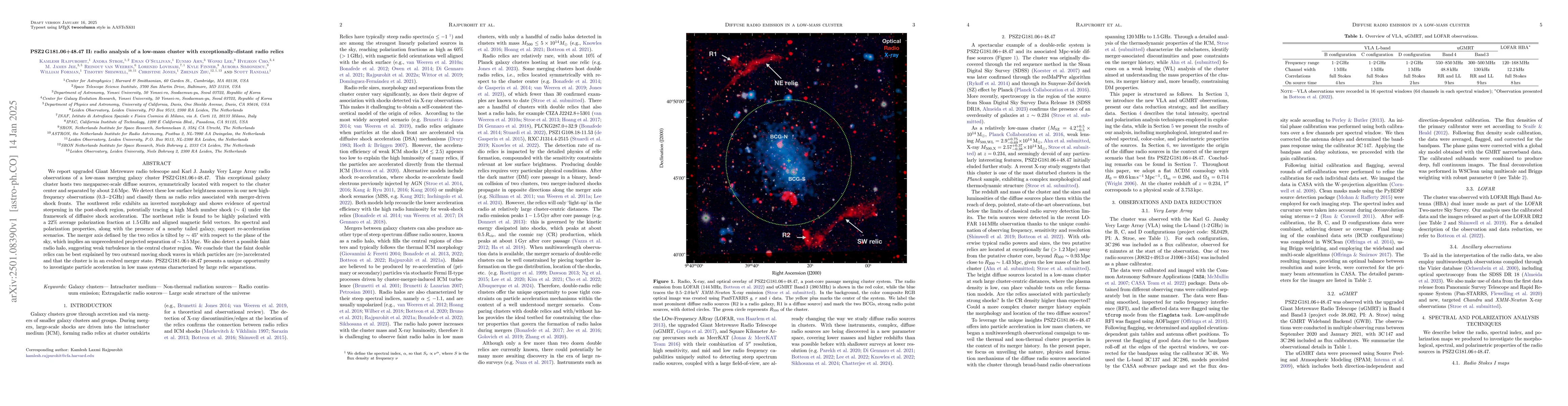 Thumbnail for PSZ2 G181.06+48.47 II: radio analysis of a low-mass cluster with
  exceptionally-distant radio relics