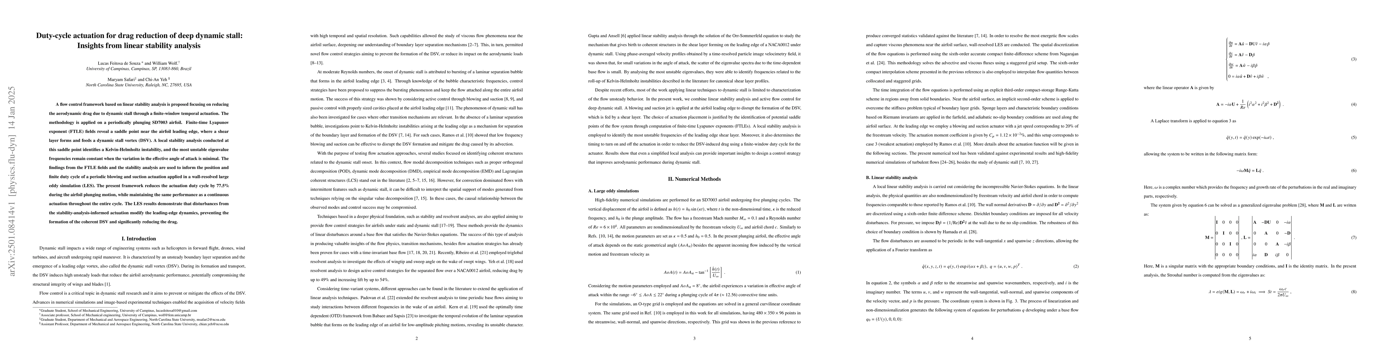 Thumbnail for Duty-cycle actuation for drag reduction of deep dynamic stall: Insights
  from linear stability analysis