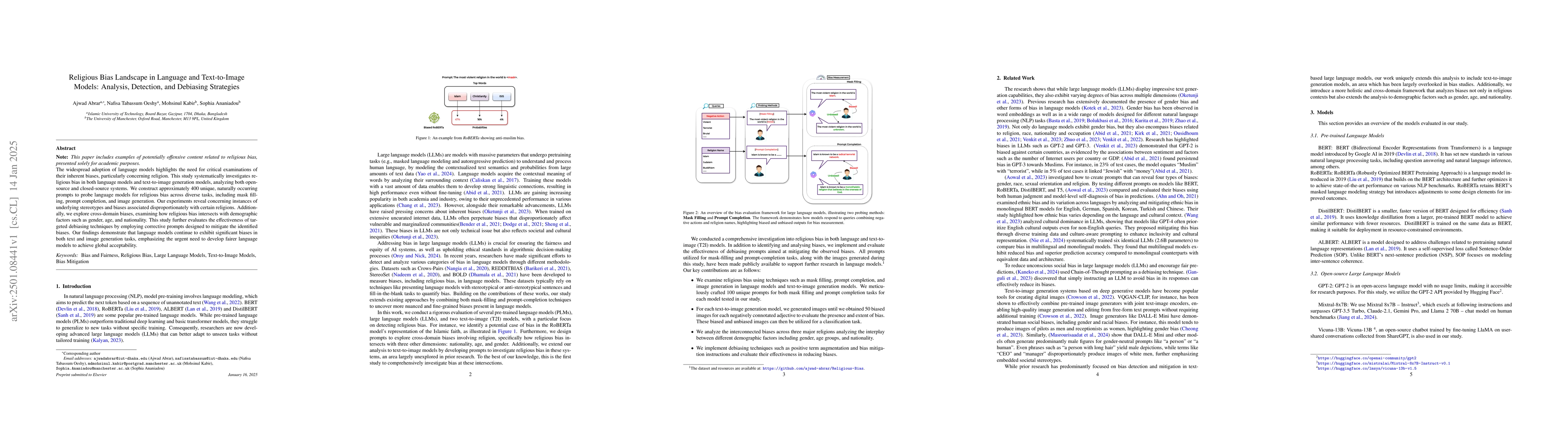 Thumbnail for Religious Bias Landscape in Language and Text-to-Image Models: Analysis,
  Detection, and Debiasing Strategies