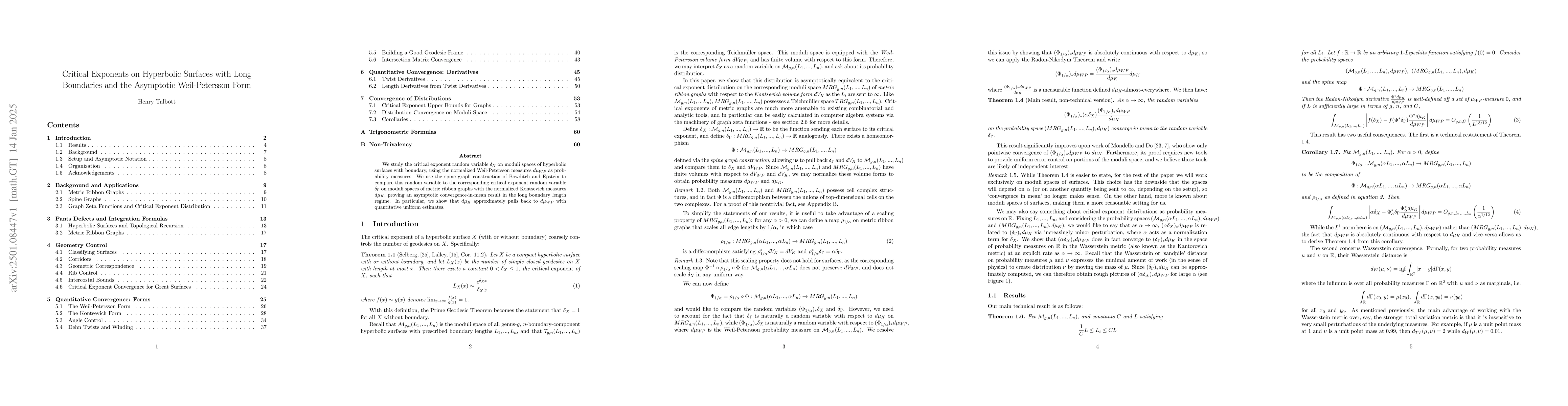 Thumbnail for Critical Exponents on Hyperbolic Surfaces with Long Boundaries and the
  Asymptotic Weil-Petersson Form