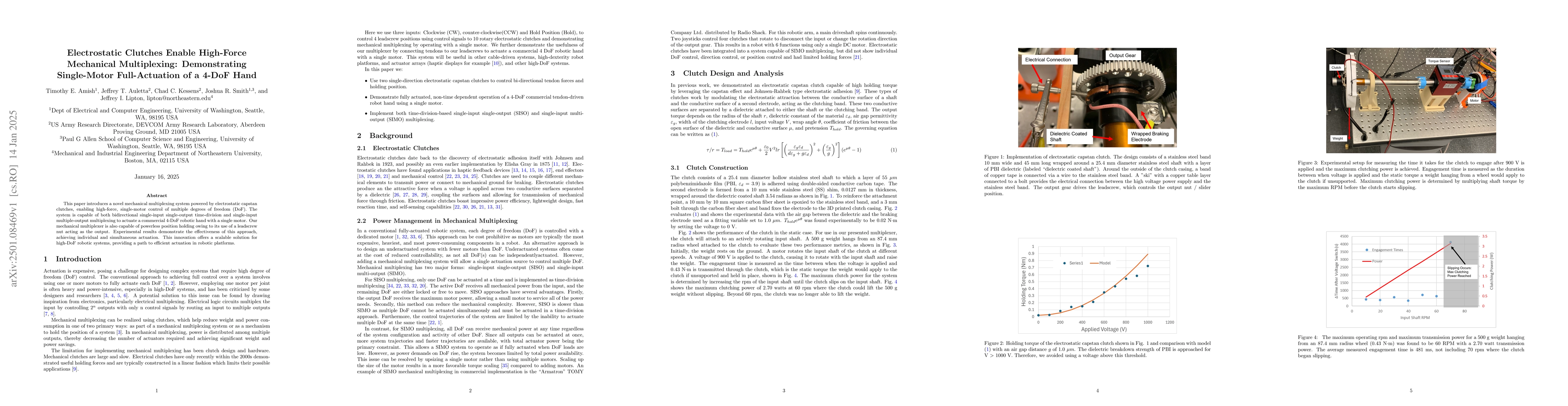 Thumbnail for Electrostatic Clutches Enable High-Force Mechanical Multiplexing:
  Demonstrating Single-Motor Full-Actuation of a 4-DoF Hand